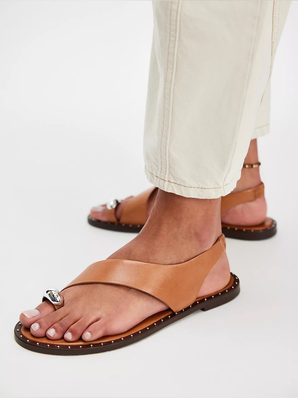 Women's Tan Leather Toe-Ring Slingback Sandal with Studded Sole